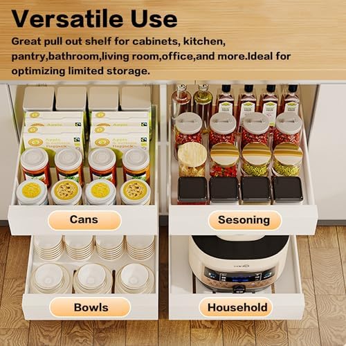 bealy 2 Pack Pull Out Cabinet Organizer Adhesive, 10" Wide 16.9" Deep Pull out Drawers for Face Frame or Frameless Cabinets, No Drill Heavy Duty Carbon Steel Drawer, Pantry Cabinet Shelf - Image 5