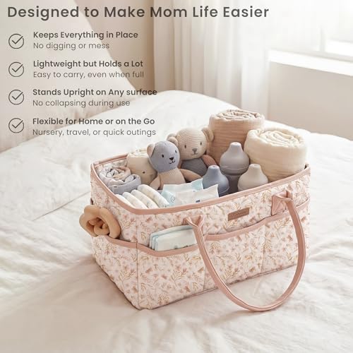 Konssy Baby Diaper Caddy Organizer, Floral Design with PU Leather Handles - Image 4