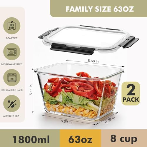 Liuruiyu 2 Pack Large Glass Food Storage Containers with Lids, 63oz Big Meal Prep Containers, Airtight Bento Boxes with Leak Proof Locking for Microwave, Oven, Freezer and Dishwasher, BPA Free - Image 2