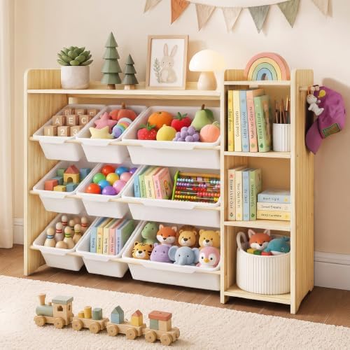 GITAWUSA Kids Toy Storage Organizer, Wooden Shelf with 3 Tiers and 9 Storage Bins, Nursery Room Organizer for Books and Toys, White and Natural Wood by GITAWUSA