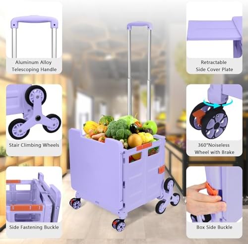 Foldable Utility Cart Collapsible Portable Crate Rolling Carts with Stair Climbing Wheels Tote Basket with Magnetic Lid Telescopic Cover Wear-Resistant 360°Rotate Wheel Noiseless for Shopping Office - Image 4