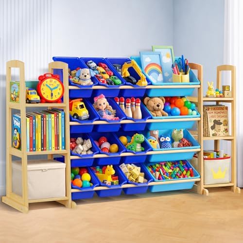 Kids Toy Storage Organizer with Bookshelf – Wooden Shelf with 16 Bins & 6 Shelves, Quick Assembly Storage Rack for Playroom, Bedroom, Nursery - Blue by KidsToyStorageOrganizer