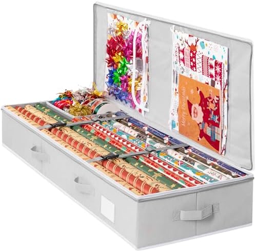 Criusia Gift Wrapping Paper Organizer Storage, Durable Underbed Storage Container Fits 24 Rolls, with Removable Dividers and Pockets for Ribbon, Ornaments, Holiday Accessories, Grey by Criusia