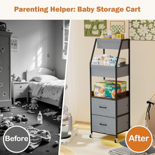 Baby Diaper Caddy Organizer and Storage - 5 Tier Rolling Cart with Dividers and Drawers, Mobile Utility Cart with Wheels for Nursery, Bedroom, Changing Table & Crib - Image 5