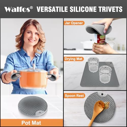 Walfos Silicone Trivet Mats - 4 Heat Resistant Pot Holders, Multipurpose Non-Slip Hot Pads for Kitchen Potholders, Hot Dishers, Jar Opener, Spoon Holder, Food Grade Silicone & BPA Free (Nordic Grey) - Image 3
