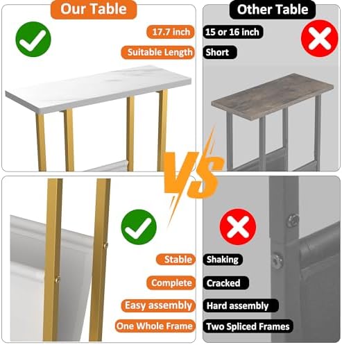 Yusong Small Narrow Side Table for Small Spaces, 17.7" W Slim End Table Magazine Table Nighstand with Storage Holder, Accent Skinny Snack Couch Bedside Table, Gold White, Complete Iron Pipes - Image 5