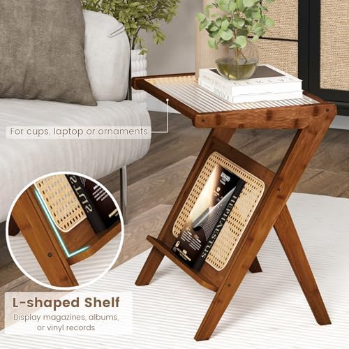 Giantex Rattan Side Table, Boho Nightstand with Glass Top & Magazine Rack, End Table with Storage, Bamboo Bedside Table for Small Space Living Room Bedroom (2, Walnut) - Image 5