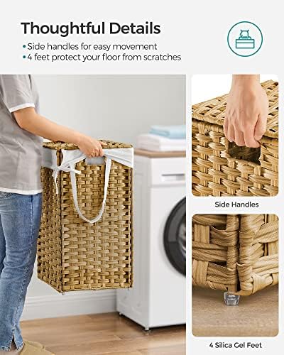 SONGMICS Laundry Hamper with Lid, 17.2 Gallon (65 L) Synthetic Rattan Clothes Laundry Basket with Lid and Handles, Foldable, Removable Liner, Goose Yellow ULCB165N01 - Image 4