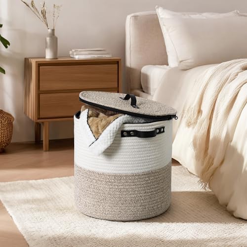 Storage Basket with Lid, 15"x13" Round Woven Blanket Storage for Living Room, Decorative Cotton Rope Hamper with Zipper Top, Wicker Basket with Lid, Floor Covered Kids Dog Toy Bin - Image 7