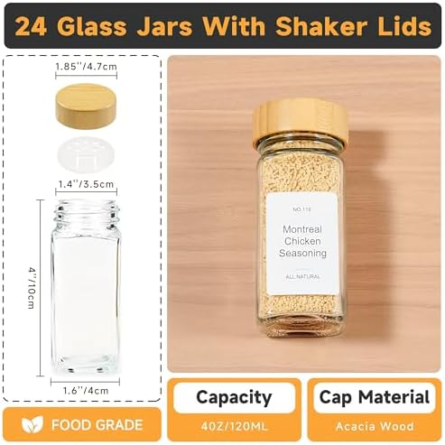 Bamboo Magnetic Spice Rack for Refrigerator, Space Saving Complete Set with 24 Bamboo Lid Glass Jars, 216 Waterproof Labels & Steel Funnel, Fridge Spice Organizer, 11.6" W x 2.4" D x 3.2" H - Image 3