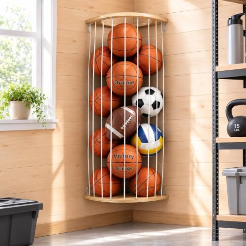 Garage Ball Storage Rack with Wood Frame, Wall Mount Corner Organizer by Loscarol