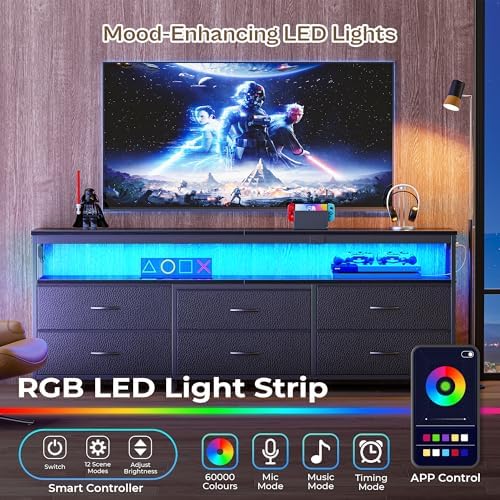 Huuger 63 Inch TV Stand for 55, 65, 70 Inch TV, Long Dresser TV Stand for Bedroom, Black LED TV Stand with Power Outlets, Fabric Drawer Dresser with Storage, Entertainment Center for Living Room - Image 5