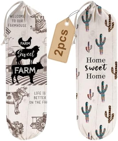 2Pcs Farmhouse Plastic Bag Holder for Kitchen Essentials, Reusable Hanging Grocery Bag Organizer, Washable Large Grocery Trash Bags Storage Dispenser, Farmhouse Home Decor by Wellbanee