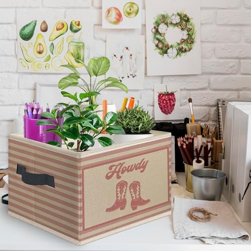 Pink Western Howdy Foldable Storage Bins Box with Handles, Cowgirl Boots Western Nursery Striped Collapsible Toys Books Clothes Organizer Basket for Girl Nursery Room Bedroom Bathroom - Image 2