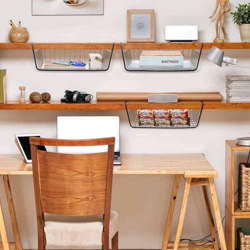 6 Pcs Undershelf Storage Basket Under Shelf Wire Basket Household Metal Under Shelf Hanging Storage Bin Basket Slides Under Shelves for Kitchen Pantry Bookshelf - 14.2" D x 9.1" W x 5.5" H, Black - Image 6