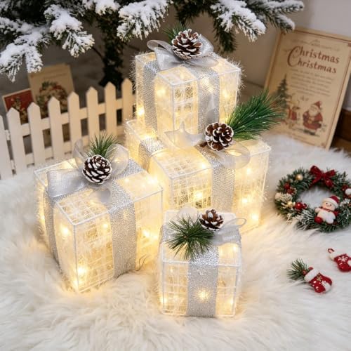 Hourleey Set of 4 Christmas Lighted Gift Boxes Warm White 70 LED Pre-lit - Image 2