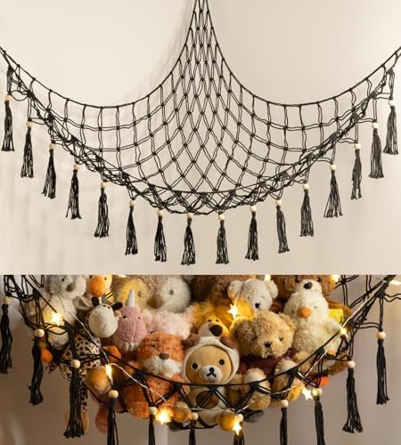 Stuffed Animal Toy Storage Hammock with LED Light - Macrame Jumbo Doll Corner Stuff Animals Organizer Decorations - Cute Hanging Plushie Net Kids Baby Nursery Bedroom Room Decor by TCGPRO