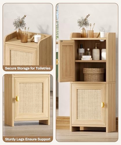 Akxomel Rattan Small Bathroom Cabinet Narrow Toilet Paper Organizer Oak - Image 7