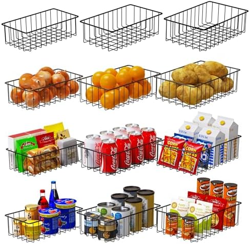 Joben Oligey 12 PACK (3 Szie) Small Wire Storage Baskets for Organizing,Pantry Organization Bins for Cabinets, Metal Basket for Kitchen, Bathroom Organizer (Black) by JobenOligey