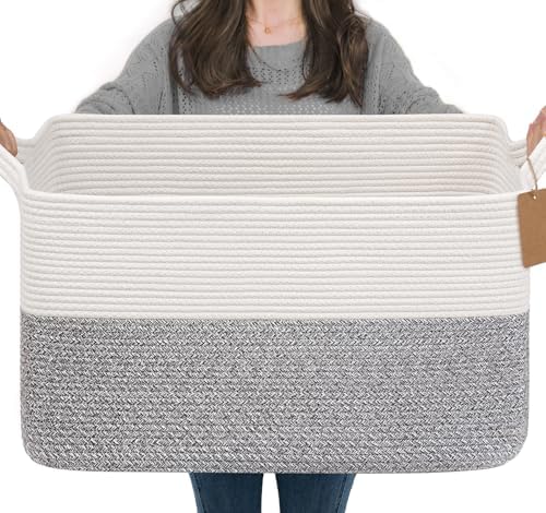 Goodpick 75L Extra Large Woven Rope Blanket Basket, Rectangle, Light Gray by Goodpick