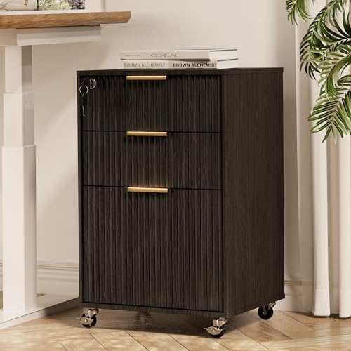 3 Drawers Fluted Mobile File Cabinet with Lock, Rolling File Cabinet Printer Stand Table, Under Desk Wooden Filing Cabinets for Home Office Essentials Storage Organization Furniture Letters/A4(Black) by INNODToddlerTower