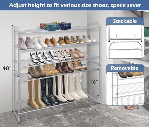 KEETDY 3-Tier Long Shoe Rack for Closet Metal Shoe Organizer for Entryway, Wide Stackable Shoe Storage Shelf with Sturdy Wire Grid for Closet Floor, Bedroom, Grey - Image 5