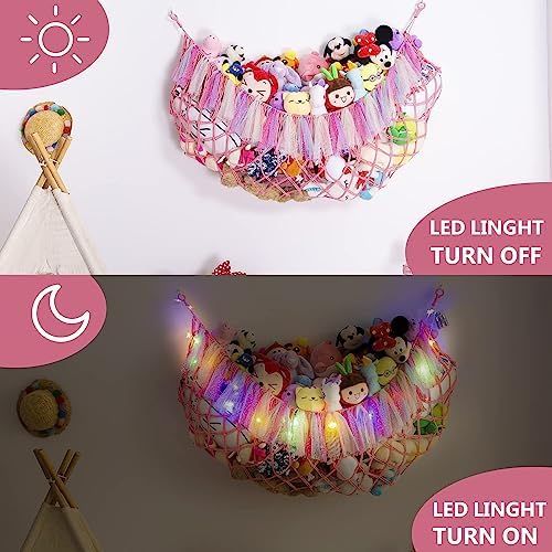 Jumbo Toy Hammock for Stuffed Animal Net Boho Macrame Toy Hammock with Led Light Stuffed Animal Storage Ideas Plush Toy Display Squishmallow Holder Net-Pink - Image 3