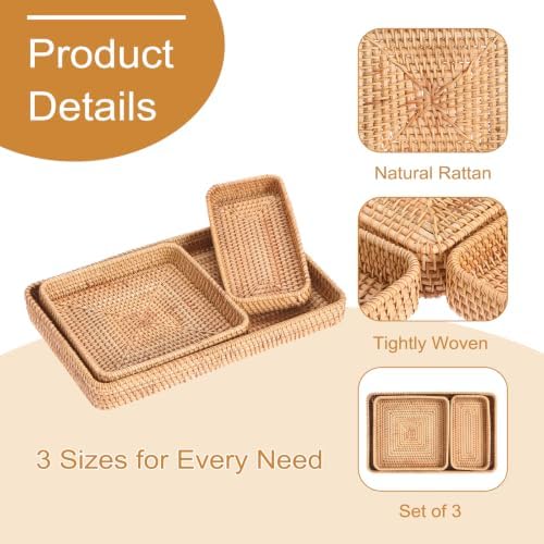 Hipiwe Set of 3 Rattan Serving Trays Woven Wicker Basket Tray for Storage - Image 6