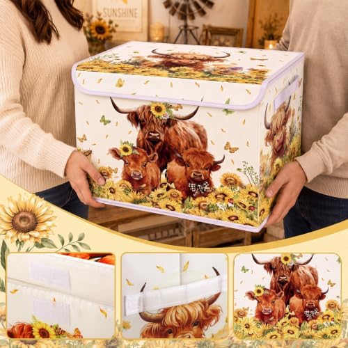 Briwooody Highland Cow Storage Bin with Lid and Carrying Handle Sunflower Cow Foldable Storage Box Large Farm Cattle Decorative Collapsible Container Basket for Organizing Closet Home Bedroom Gift - Image 3