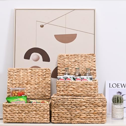 Wicker Storage Baskets, Hand-Woven Rectangular Wicker Basket with Lid for Bedroom & Living Room, Nesting Rattan Basket for Shelves (Water Hyacinth, 3-Pack) - Image 5