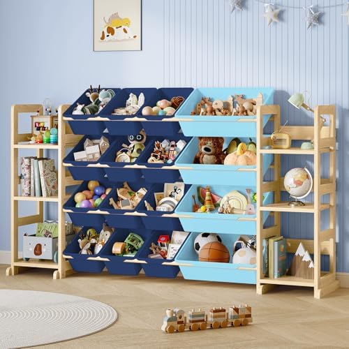 EXPERLAM Extra Large Toy Storage - Toy Storage Organizer, Wooden Toy Organizer with 6 Side Shelves and 16 Bins, 3-in-1 Bookshelf for Kids Rooms, Playroom, Nursery, Blue by EXPERLAM