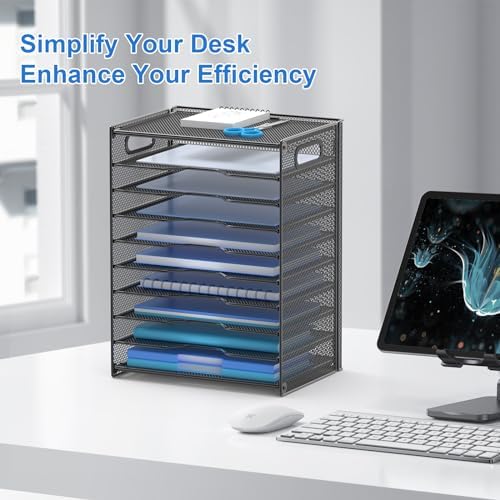 OUTWOLF 10 Tier Paper Organizer - Letter Tray Mesh Desk File Organizer with Handles for Office School Desktop, Black 2 Pack - Image 2