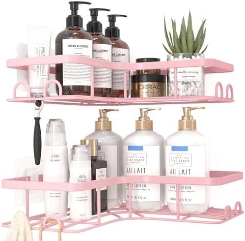 Sakugi Corner Shower Caddy - 2 Pack, Adhesive Shower Organizers, Rustproof Stainless Steel Shower Shelves with 8 Hooks, No Drilling Bathroom Organizers and Storage Racks, Space-Saving, Pink, Large - Image 3