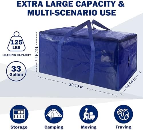 8 Pack Extra Heavy Duty Large Moving Bags with Strong Zipper & Carrying Handles, Sturdy Clothes Storage Bag Totes Bins, Packing Bags Moving Boxes College Moving Supplies, Dark Blue - 33 gal - Image 2