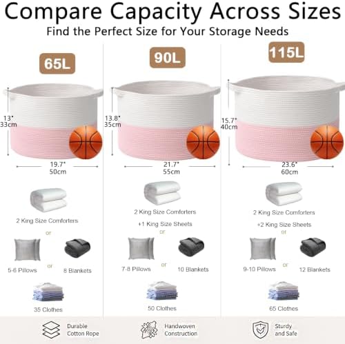 90L Extra Large Pink Woven Cotton Rope Basket with Handles - Image 2