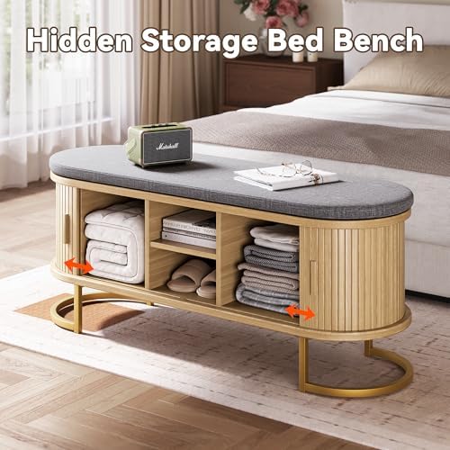 Decofy Shoe Storage Bench with Cushion and Sliding Doors, 47.2 Inch Shoe Bench with Storage, Freestanding Entryway Bench with Storage, Sturdy Metal Feet, for Hallway & Entrance Hall, Oak - Image 5
