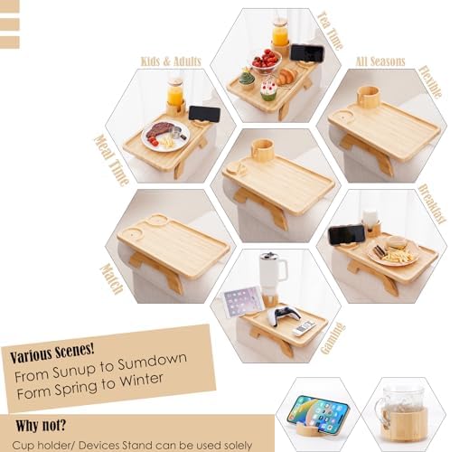 Nnewvante 2 Pack Couch Table on Arm,3 in 1 Large 15.36"x9.85" Bamboo Couch Cup Holder Sofa Armrest Clip on Tray with 360°Rotated Phone/Drink Holder - Image 3