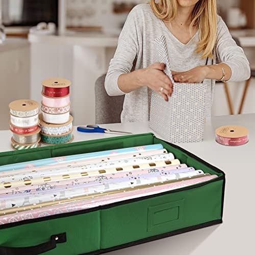 BALEINE Wrapping Paper Storage Organizer, 40" Durable 600D Oxford Fabric Gift Wrap Storage Bag with Flexible Partitions for Ribbon, Holiday Accessories (Green) - Image 2