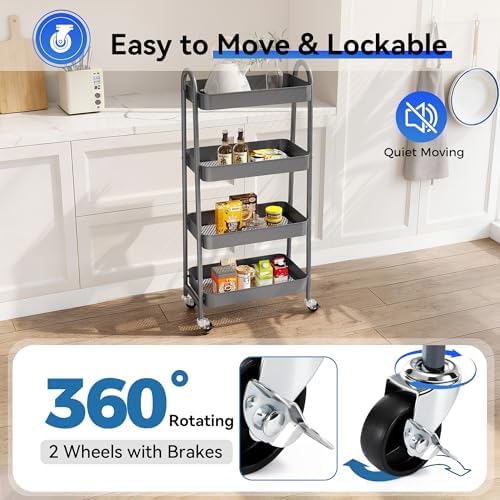 NEWBULIG 4-Shelf Metal Rolling Storage Utility Cart with Lockable Wheels - Image 3