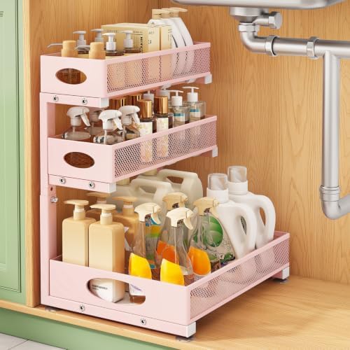 Kitstorack Under Sink Organizer 3-Tier Slide Out Drawer 1-Pack Pink by Kitstorack