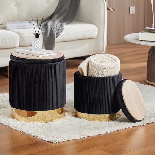 Round Ottoman with Storage Set of 2 Black Vanity Stool Foot Rest by YYWHOME