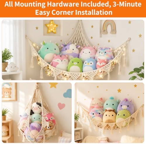 Corner Stuffed Animal Hammock, Large Handwoven Cotton Plush Toy Storage Net Compatible with Squishmallow Plush, Boho Hanging Wall Organizer Decor for Girls Bedroom, Cream White - Image 7