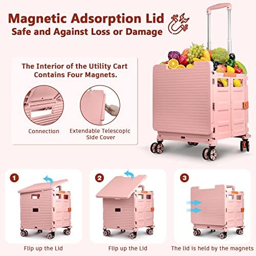 Foldable Utility Cart Collapsible Portable Crate Rolling Carts with Wheels Tote Basket with Magnetic Lid Telescopic Cover Wear-Resistant 360°Rotate Wheel Noiseless for Shopping Storage Office Use - Image 2