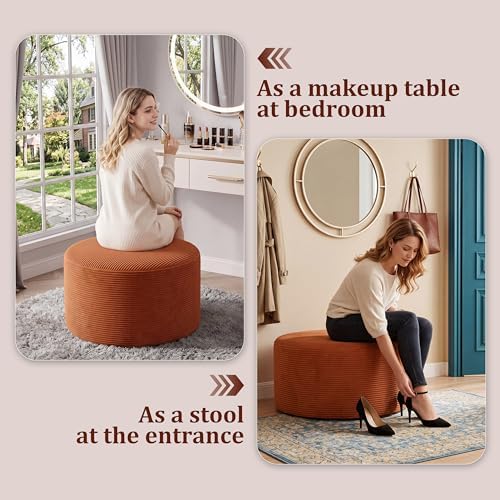 BSHOMGI Round Ottoman,Corduroy Ottomans Foot Stool, 27.5" Pouf Footstool Ottomans Seat, Round Footrest, Modern Side Table for Living Room Bedroom Home Decor No Assembly Require (Orange, 32") - Image 4