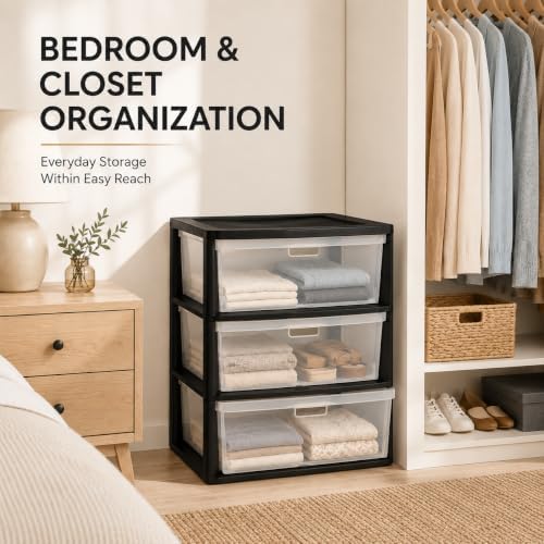 Plastic Storage Drawers, 3 Drawer Tower with Clear Removable Bins, Black - Image 5