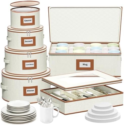 Aokeyee 6-Piece China Storage Containers Set, Hard Shell Moving Boxes for Dishes, Plates, Mugs & Flatware – Dinnerware Organizer with Soft Felt Dividers, Sturdy Handles & Zippers, Ivory by Aokeyee