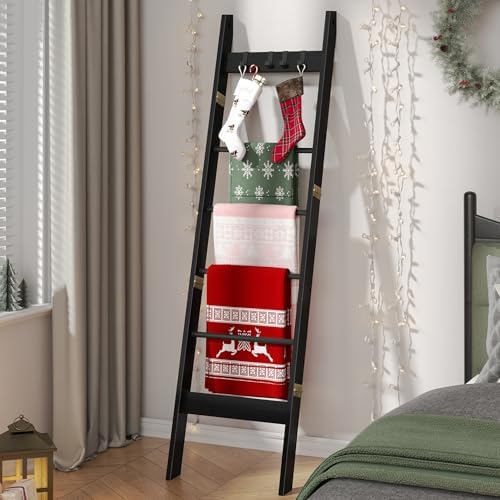 Hzuaneri Blanket Ladder Decorative Quilt Rack with 4 Removable Hooks - Image 6