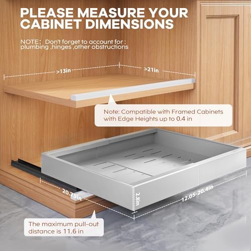 Seinloes 2 Pack Expandable Pull Out Cabinet Organizer 21"Deep With Raising Pad for Framed Cabinets,Upgrade 3 Slide Rails Slide Out Drawers,Roll Out Shelves Adhesive,Adjustable Width 12.05"-20.4"Silver - Image 4