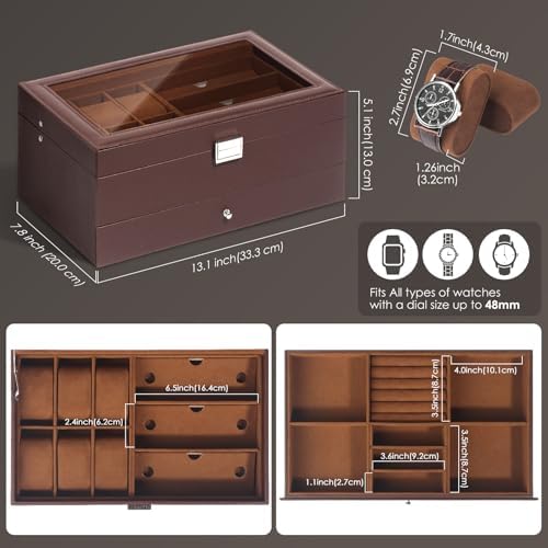 Jewelry Box for Men, 6 Slot Watch Box Jewelry Organizer With Drawer, Watch Case for Men with Large Window, 2-Layer Watch Holder, Sunglasses Storage Organizer, Velvet Lining, Fathers Day Gift - Image 3