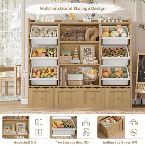 HITHOS 55"W Kids Toy Storage Organizer with 10 Toy Box & Bookshelf, Natural - Image 6
